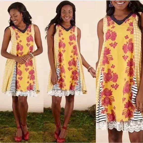 MATILDA JANE | Golden Key Sleeveless Yellow Red Navy White Floral Striped Dress - Picture 1 of 14